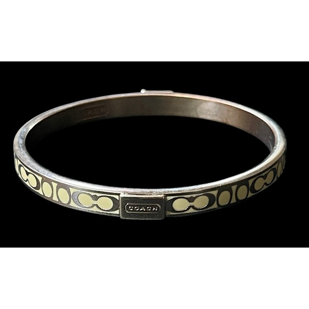 Authentic COACH Gold Tone Enamel Signature C Logo Bangle Bracelet Ivory 7” EUC - Picture 1 of 10